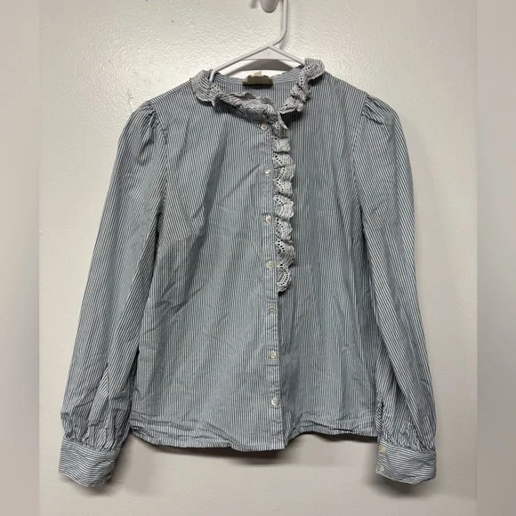 Sezane Striped Blue White Cotton Lace Chloe Blouse Size M/40 - Picture 1 of 6